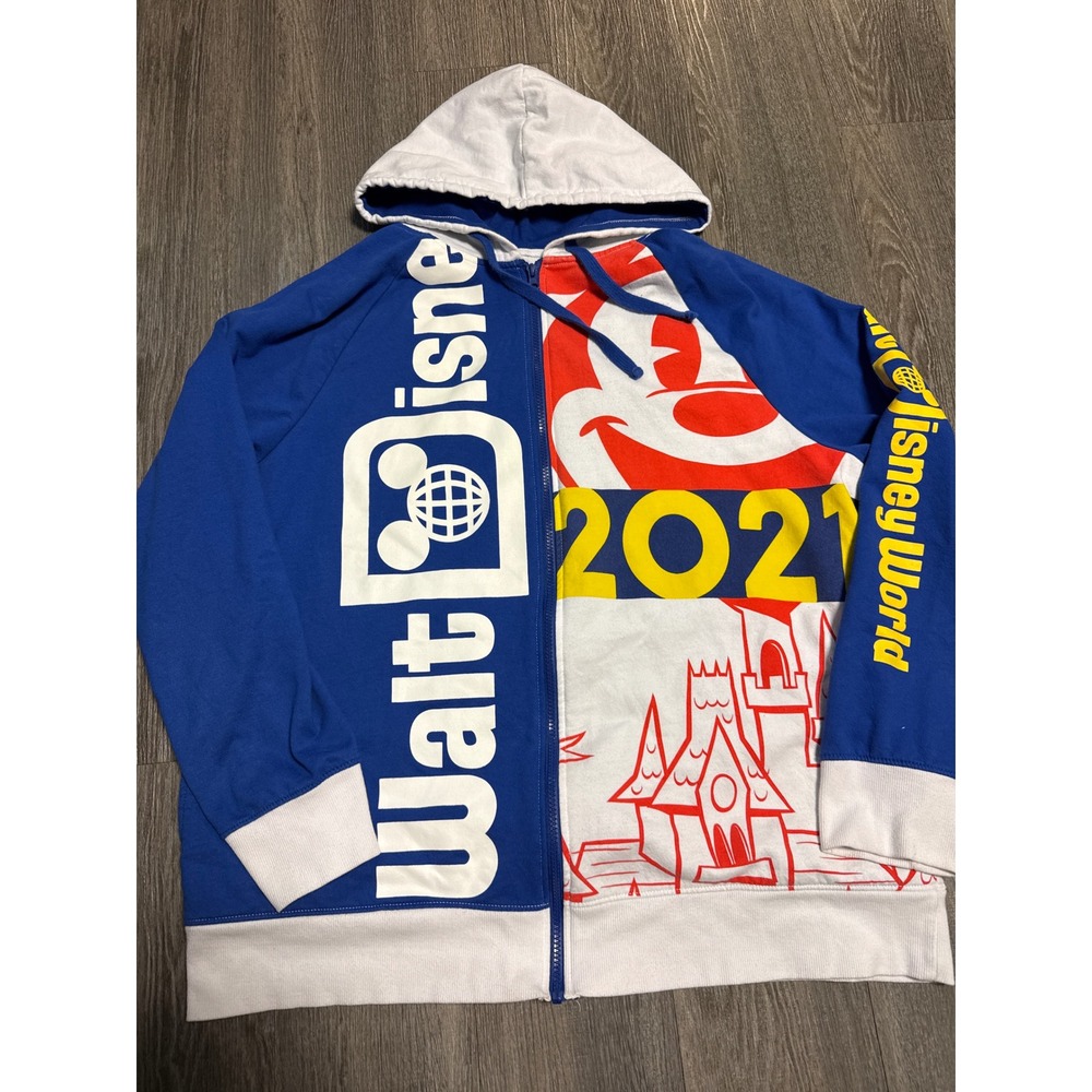 Disney World 2021 Mickey Mouse Zip Up Hoodie Mens XL Blue White Colorblock